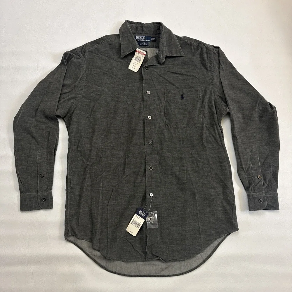 Vintage Polo Ralph Lauren Marlowe Mens M Grey 100% Cotton Button Down Shirt Soft